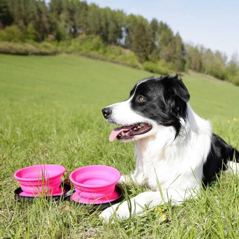 Gamelle pliante double de voyage pour chien (Rose) - Photo 3