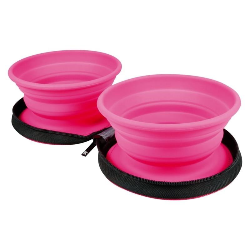 Gamelle pliante double de voyage pour chien (Rose)